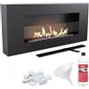 KRATKI Delta Flat Caminetto a bioetanolo + ciottoli + imbuto + biocarburante | Fuoco reale a parete, biocontenitore 0,4 l, certificato TÜV | Acciaio, 40 x 90 cm, vetrificazione, nero opaco