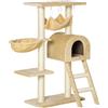 PawHut Albero Tiragraffi per Gatti Multilivello con Amaca e Casetta, Corde in Sisal Naturale, Beige, Altezza 98cm|Aosom