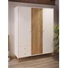 Forte Armadio HARLLSON EasyKlix Bianco con Decoro Legno: Rovere Mauvella, 3 Ante, 2 Cassetti, Ripiani e Asta Appendiabiti, Gambe Alte in Legno, 154x202x52 cm