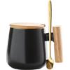 CURTEK Tazza da caffè in ceramica da 350 ml, con coperchio in legno e cucchiaio dorato, tazza da tè al latte, per ufficio e casa, idea regalo divertente per compleanno, innamorati, Natale, colore nero