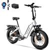 ttgo Bici Elettrica Pieghevole 20x4.0, Batteria 36V 25Ah, Motore Centrale 58N.m, Autonomia 100km, Bicicletta Elettrica Uomo con Display LCD, Biciclette Elettriche con Sensore di Coppia (Bianco)