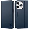 SHIELDON Cover per iPhone 15 Pro 5G, Custodia iPhone 15 Pro Vera Pelle Portafoglio Slot Schede Blocco RFID Resistente Cavalletto Flip Caso Magnetico Compatibile con iPhone 15 Pro (6,1" 2023), Blu Navy