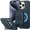 SHIELDON Custodia per iPhone 15 Pro 5G 6,1", Custodia in Vera Pelle Staccabile Antiurto, Porta Carte di Credito Magnetico con Blocco RFID con Anello per Dito Compatibile con iPhone 15 Pro - Blu Navy