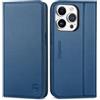 SHIELDON Cover per iPhone 15 Pro 5G, Custodia iPhone 15 Pro Vera Pelle Blocco RFID Portafoglio Slot Schede Cavalletto Flip Caso Magnetico Compatibile con iPhone 15 Pro (6,1" 2023), Blu Reale