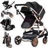 Veitoalioy Passeggino 3 in 1 Trio Neonati, Per Neonato 3 in 1 Passeggini, Angle de panier de couchage réglable, Carrozzino multifunzione Passeggino Pieghevole (739 Black Gold-2)