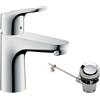 hansgrohe Miscelatore Lavabo Focus, ComfortZone 100mm, Risparmio Energetico (CoolStart), Risparmio Idrico (EcoSmart), con Scarico a Tirante, Cromo, 31621000