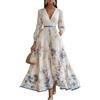 Minetom Donna Vestiti Lunghi da Matrimonio Elegante Collo V Vestito A Pieghe Stampa Floreale Chiffon Abito Maxi Damigella Sera Cerimonia B Bianco S