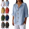 Generic Camicia da donna con scollo a V, in cotone e lino, con bottoni, maniche a 3/4, casual, vestibilità ampia, Azzurro, XL