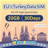 SIM2ROAM Carta SIM UE+Turchia 30 giorni |SOLO dati |20 GB di dati 4G LTE ad alta velocità |Carta SIM per viaggi in Europa |NESSUNA registrazione, è necessaria l'autenticazione dell'ID! |Niente chiamate, NO SMS