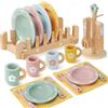 Atoylink Accessori da Cucina per Bambini in Legno: Set Completo con Piatti, Tazze, Posate e Portapiatti - Giochi di Ruolo per Ragazze e Ragazzi 3-8 Anni