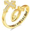 EUDORA Harmony Ball Anello Femminile con Croce e pesce Ichthus nel 925 18 Carat oro Placcato, Benedetto anello Croce Regolabile per Aprire un Giro Allentato e Lasciare che Dio Agisca il Dono Bijou