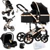 Dziranam Passeggino 3in1 reversibile convertibile con culla | Cornice triangolare & sospensione a doppia molla | Pieghevole con un clic per neonati e toddlers(Nero&Oro).