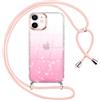 Oelrstfe Cover Glitter per iPhone 12/iPhone 12 Pro con Cordino Custodia Trasparente Silicone con Collana Laccio Tracolla Antiurto Antigraffio Corda Collo Regolabile Brillantini Protettiva Case,Rosa