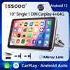 ESSGOO Schermo Tattile da 10" Universale Android 13 4+64G Wireless CarPlay Android Auto Autoradio Radio Lettore Multimediale 1 DIN GPS Navigazione Bluetooth FM RDS WIFI USB EQ SWC con Microfono - 10 in 4G 64G