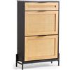 VEVOR Scarpiera in Rattan, 2 Cassetti in Rattan Ribaltabili 1 Cassetto Scorrevole, Organizzatore per Scarpe Stretto, Gambe in Metallo, Mobiletto per Ingresso Sottile per Ripostiglio, Corridoio, Nero