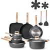 VEVOR Set di Pentole, Padelle Antiaderenti in Granito con Manico, Set di Pentole a Induzione da Cucina per Camper, con Frittura, Coperchi in Vetro Temperato, Nero 19 Pezzi