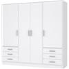 Forte Jupiter Armadio 200 210, Armadio Bianco, Armadio con Ante battenti, 4 Ante, con 6 cassetti e Ripiani, Bianco Nero, 206,5 cm Larghezza x 60 cm profondità x 200 cm Altezza