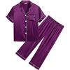 SWOMOG Pigiama in raso di seta per ragazze e ragazzi, con bottoni, due pezzi, a maniche corte, con pantaloni lunghi, Pantaloni-viola, 8-9 Years
