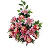 DRW Centro di fiori artificiali per cimitero rosa con lilium e rose 60x40 cm