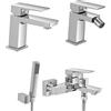 Inbagno Set rubinetti miscelatori lavabo bidet e vasca con kit doccia cromati, scarico incluso, serie Kubo (Set Lavabo Bidet e Vasca)