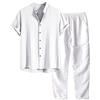 Bkazwe Set da 2 Pezzi in Lino da Uomo Completi Estivi per Le Vacanze al Mare, Camicia a Maniche Corte Casual abbottonata Set di Pantaloni Lunghi Larghi