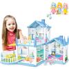 deAO Casa delle bambole, set di giocattoli, casa delle bambole Villa blu con 3 stanze, 2 piani, balcone all'aperto, 3 figure di bambole, 17 pezzi di mobili e accessori, regalo per bambini ragazze
