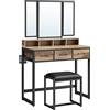 VASAGLE Toeletta con sgabello imbottito, tavolo da toeletta con triplo specchio, 3 cassetti, porta asciugacapelli cosmetico stile industriale, marrone rovere/nero RVT004B50