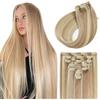 Sunya Extension con clip in capelli veri, biondo cenere, con biondo platino, invisibili, clip per capelli veri, 40 cm, 7 pezzi da 70 g