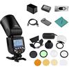 Godox V1N - Flash professionale Speedlite compatibile con Nikon D5300, D750, D850, D7100, Z7, testina rotonda senza fili da 2,4 G, zoom Fresnel + kit di accessori per flash tascabile Godox AK-R1
