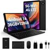 FASTWD Android 14 Tablet 10 Pollici, 36 GB RAM + 128 GB ROM, 5G WiFi 4G LTE, 8 MP + 13 MP, FHD 1920 x 1200, 8000 mAh, FaceID, Con Tastiera, Mouse, Fondina, Penna, Nero