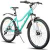 HILAND Mountain Bike da donna e ragazza da 26 pollici a 21 velocità con forcella in acciaio sospesa, telaio con freno a disco e parafango verde menta/rosa