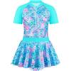 JiAmy Costume da bagno da bambina con gonna a sirena, costume intero con slip a maniche corte per bambini, costume da bagno da spiaggia 3-12 anni, Blu, 5-6 Anni