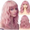 AOWVUTS Parrucca Ondulato Corta con Frangia Breve Ondulato Bob Parrucca per le Donne Naturale Capelli Sintetici Resistenti al Calore 15 Pollici per Festa Halloween Cosplay Riccia Guotidiana (Rosa)