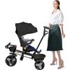 WODFARR Triciclo evolutivo 5 in 1 per bambini, barra di spinta regolabile, capacità 20 kg, passeggino a canna compatta con cestino e baldacchino, luci e musica, sedile girevole regolabile (nero)
