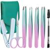 peiqiup Pinzetta per Sopracciglia Professionale (7 Pezzi), Set di pinzette di precisione, Con Forbici, Rasoio, con custodia in pelle, Per donna e uomo per viso, sopracciglia, Verde