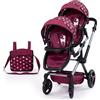 Bayer Design 26723AA Carrozzina gemellare Twin Xeo, carrozzina per bambole doppia, regolabile in altezza, borsa, bordeaux, rosa, stelle