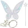 TZQFROCE Costume con ali di fata da donna, ali di farfalla, ali d'elfo, ali da ragazza, con corona di fiori, bacchetta magica, per bambini, ragazze, principessa, feste, cosplay, colore bianco