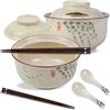 DEARBAG Ciotole Giapponesi per Ramen, 2 Set Giapponese Ramen Ciotola con Coperchio Bacchette e Cucchiai, Ciotola di Ceramica per Ramen, Insalata, Muesli, Minestra, Cereali, 800ml (B)