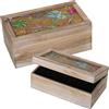 DRW Set di 2 scatole quadrate in legno e rattan intrecciato decorato con fiori 30 x 18 x 15 cm e 24 x 14 x 12 cm