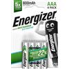 Energizer Max Energizer Ricaricabili, Confezione da 4 batterie AAA 800 mAh, pre-caricate, per dispositivi a uso frequente e centinaia di ricariche, senza solfatazione