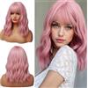 GIEEU Donne Short Pink Bob parrucca - resistente al calore sintetico Short Bob Viola Rosa Sissy parrucca con frangia riccioli onda spalla lunga cosplay & Everyday Fashion Hair Patch