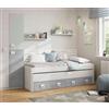 Dmora Letto per Bambini Waycross, Struttura Letto per cameretta, Letto Singolo con Lettino Estraibile e 2 cassetti e 2 mensole, 199x96h65, Bianco e Cemento