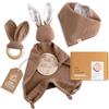 Mikito Baby Mussola - Panno per neonato + massaggiagengive + bavaglino + cartello in legno | Set regalo per neonati