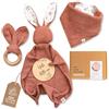 MIKITO Set Neonato, Accessori Utili in Cotone Naturale Bio Mussola con Doudou, Massaggia Gengive, Bavaglino Unisex, Idea regalo maschio o femmina per baby shower, neo genitori
