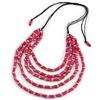 Avalaya Collana a più fili, con perline di legno fucsia a strati, in cotone nero, lunghezza 60 cm / 80 cm, regolabile, Misura unica, Plastica Legno