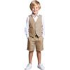 Botong Set da smoking per bambini in lino, 2 pezzi, con gilet e pantaloni corti, per l'estate, spiaggia, matrimonio, per bambini, Champagne, 4 anni