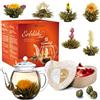Creano - Set Regalo Fiori di Tè in una Scatola di Legno a Forma di Cuore - 6 tipi di Tè Bianco incl. Teiera in vetro 500ml - regalo per donna