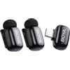 BOYA Mini microfoni lavalier wireless per Android con spina USB C, riduzione del rumore, durata della batteria 6 ore di 100 m, cambia voce AI per registrazione video intervista podcast (2TX+1RX