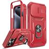 LeYi Cover per iPhone 15 Pro Max Custodia con Protezione Fotocamera [Slidable] Antiurto Grado Militare 360° Anello Supporto TPU Bumper Silicone Case iPhone 15 Pro Max 6.7'', Rosso