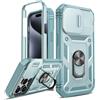 LeYi Cover per iPhone 15 Pro Max Custodia con Protezione Fotocamera [Slidable] Antiurto Grado Militare 360° Anello Supporto TPU Bumper Silicone Case iPhone 15 Pro Max 6.7'', Verde